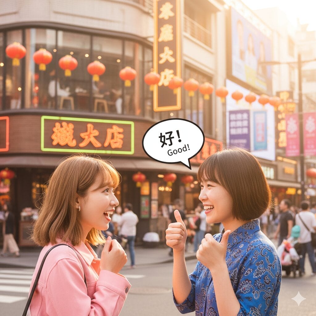 赤い提灯で飾られた店の外で、2人の若い女性が笑顔で親指を立てている。吹き出しには「好！好!.