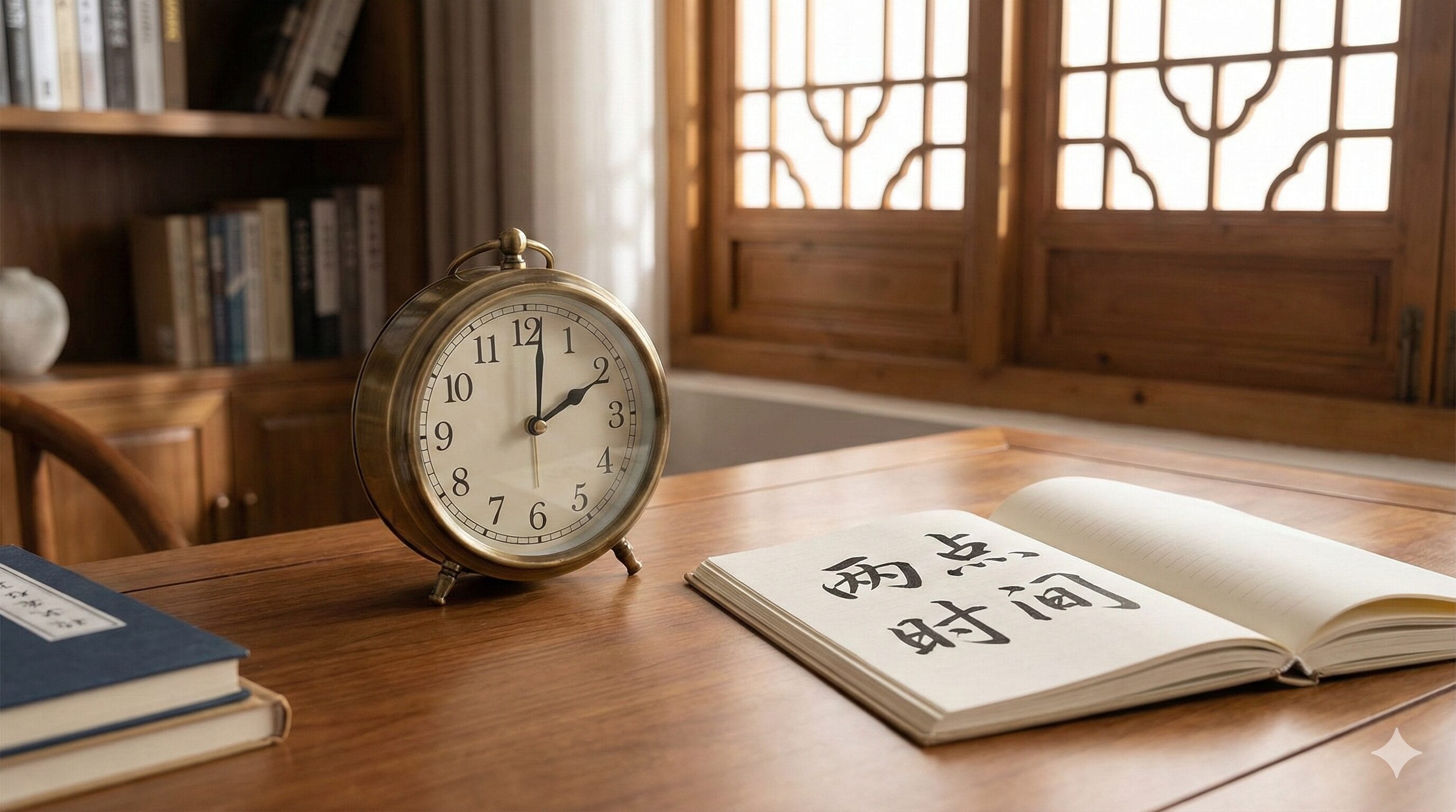 7時10分を示す真鍮の目覚まし時計が木製の机の上に置かれ、その横には中国の書道が書かれた本が開いている。.