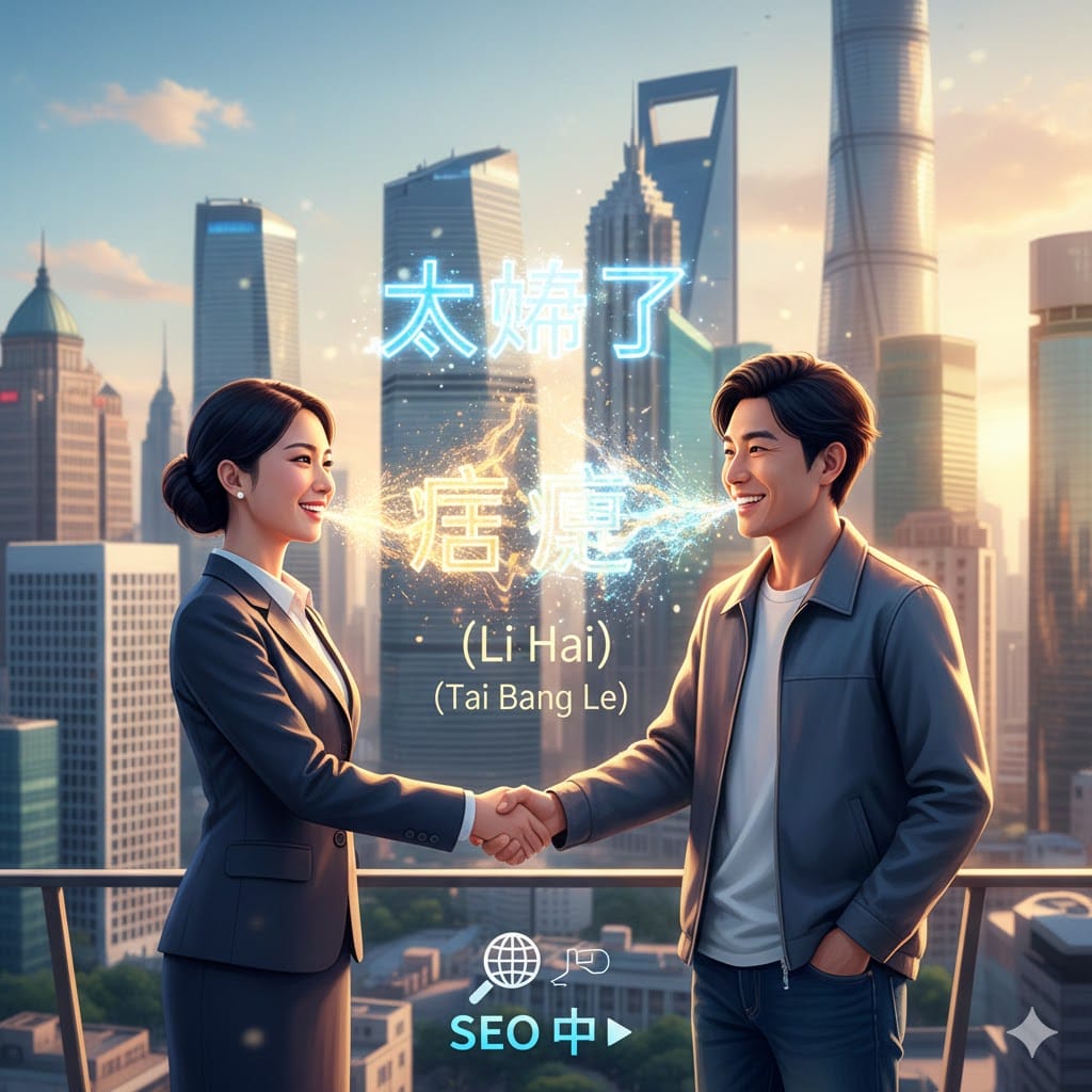 都会のスカイラインを背景に、屋上で握手を交わす2人のビジネスマン。2人の間には中国語のテキストとSEOのアイコンが表示されています。.