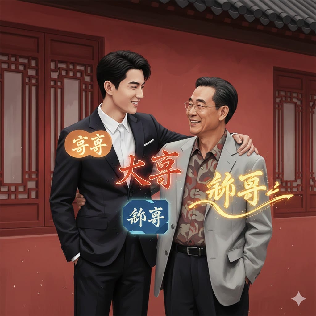 スーツを着た若い男性と柄物のブレザーを着た年配の男性の2人が、赤い壁の伝統的な中国の建物の外で微笑みながら立っている。カラフルな中国語のテキストが画像に重なっている。.