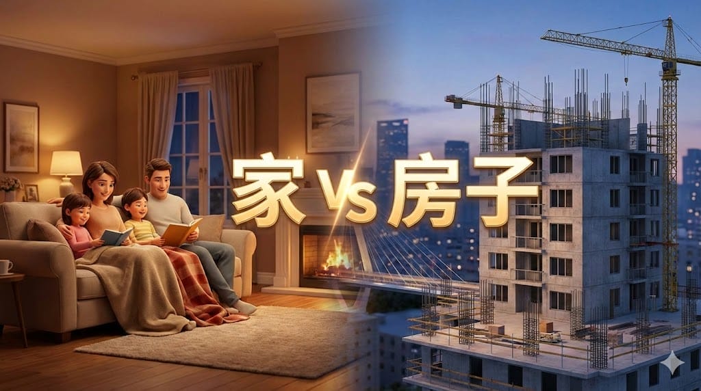 左側には居心地の良いリビングルームでソファに座る家族、右側にはクレーンと建物が並ぶ工事現場が写っている。中央に中国語のテキスト。.