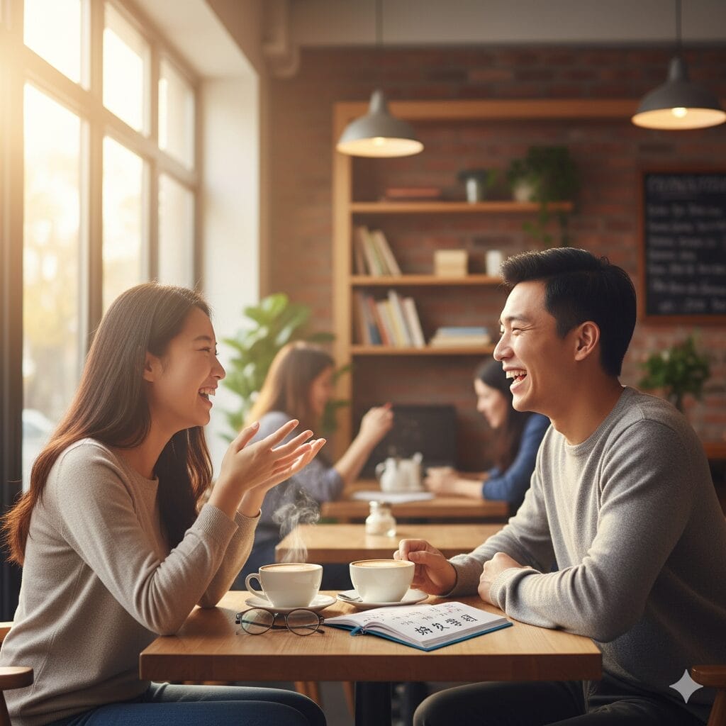 カフェのテーブルに2人が座り、コーヒーを飲みながら微笑んで話している。テーブルの上には本とグラス。背景に他の客が見える。.