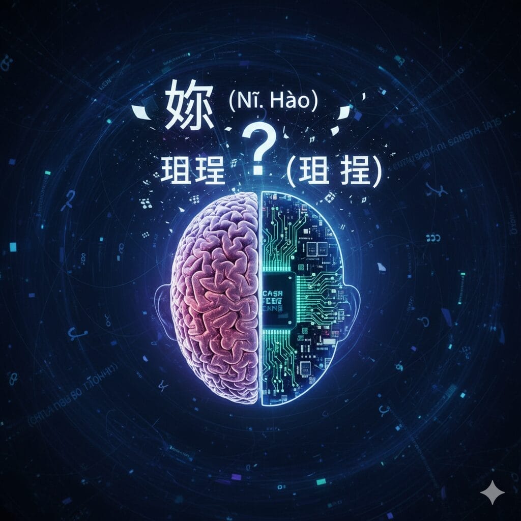 脳を半分に割ったデジタルイラスト。片方は生物学的で、もう片方は回路基板。.