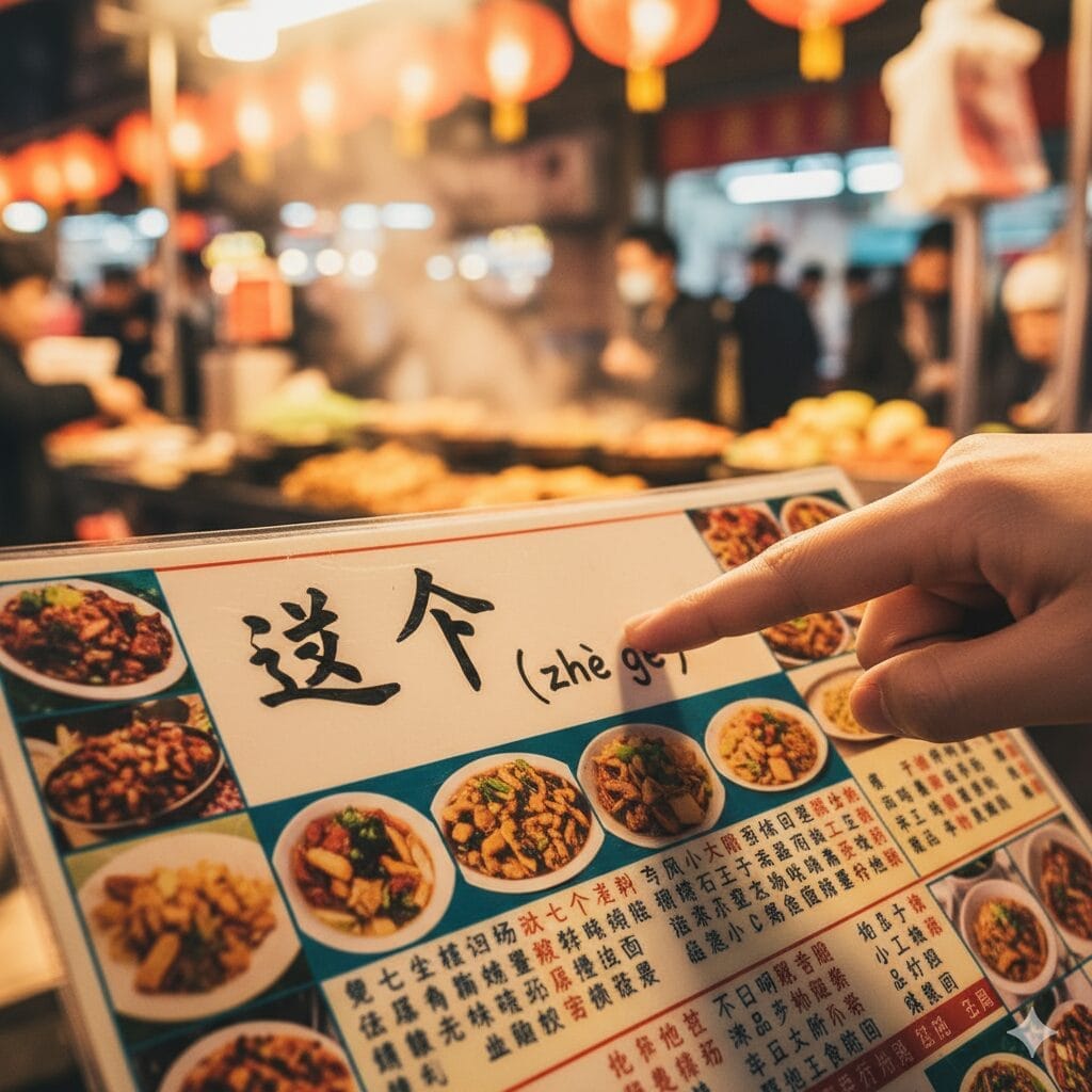 提灯と屋台で賑わう夜市で、中華料理のメニューと説明を指差す人。.