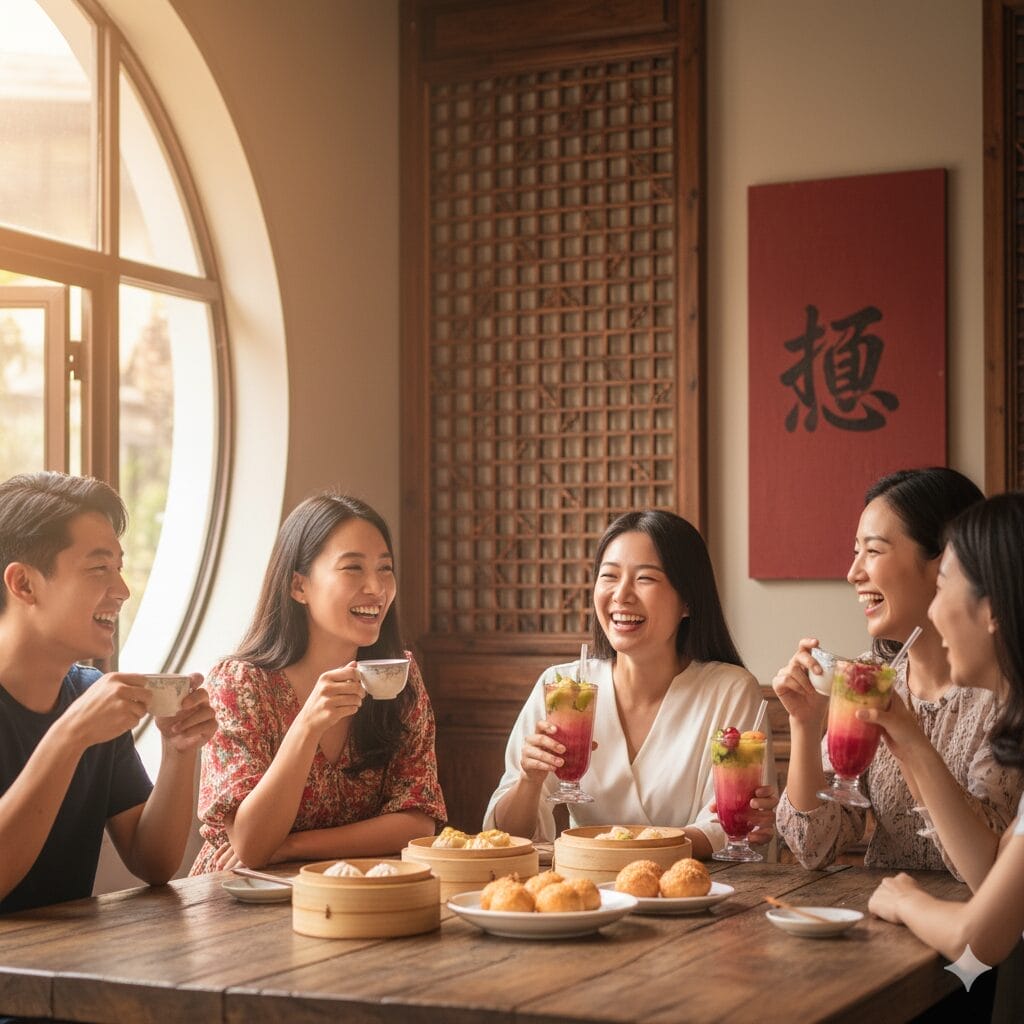 5人がテーブルを囲み、お茶や色とりどりの飲み物、点心を楽しみながら、アジア風の装飾が施された温かみのある照明の部屋で笑顔で語り合っている。.