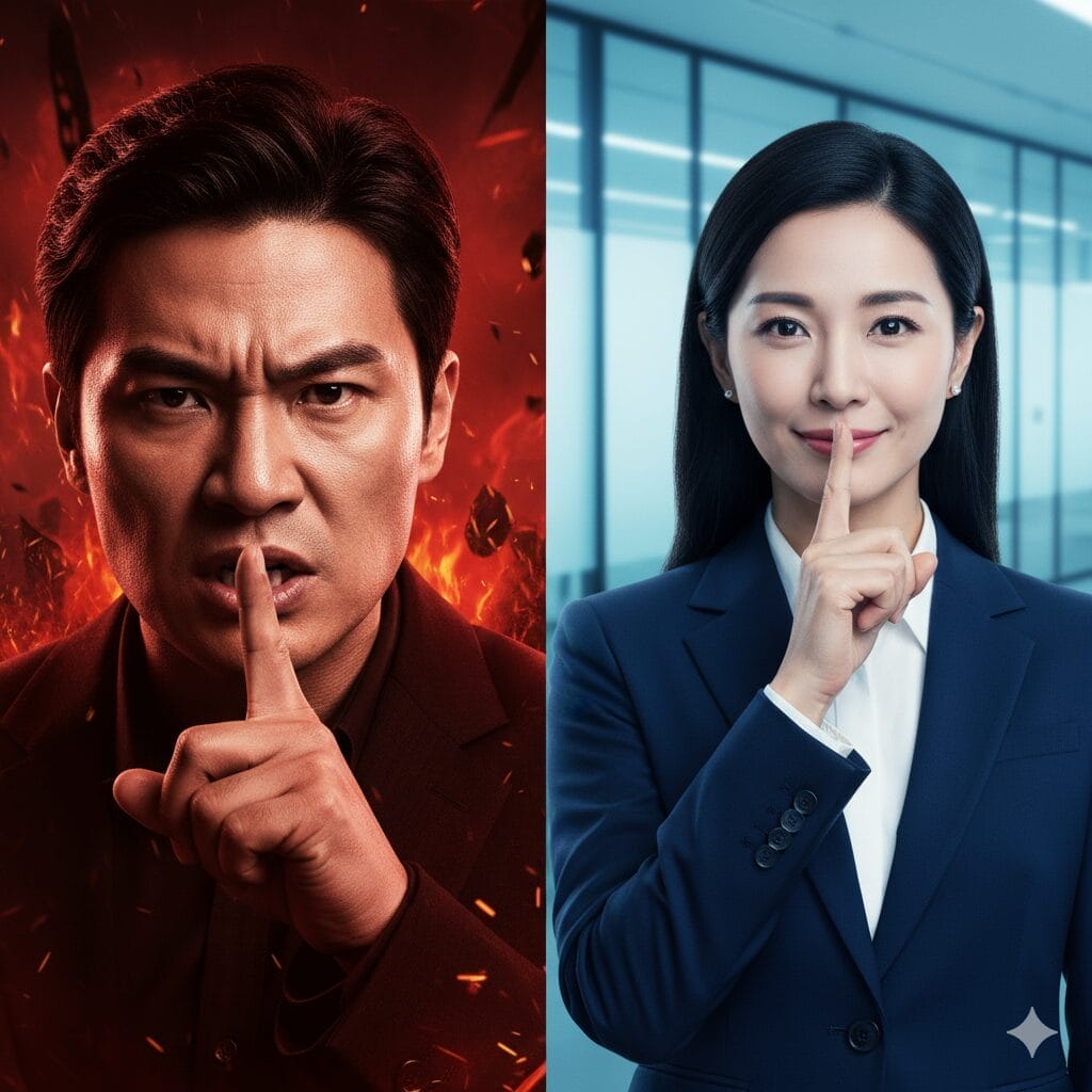 分割画像：左側は真剣な表情の男性が燃えるような背景の唇に指を当てており、右側はビジネスウェアを着た女性がオフィスで同じジェスチャーをしている。.