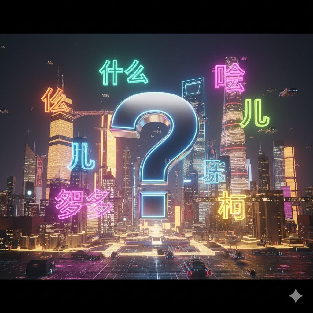 中央に大きく光るクエスチョンマーク、その周りをカラフルなネオンの漢字が囲む夜の未来的な街並み。.