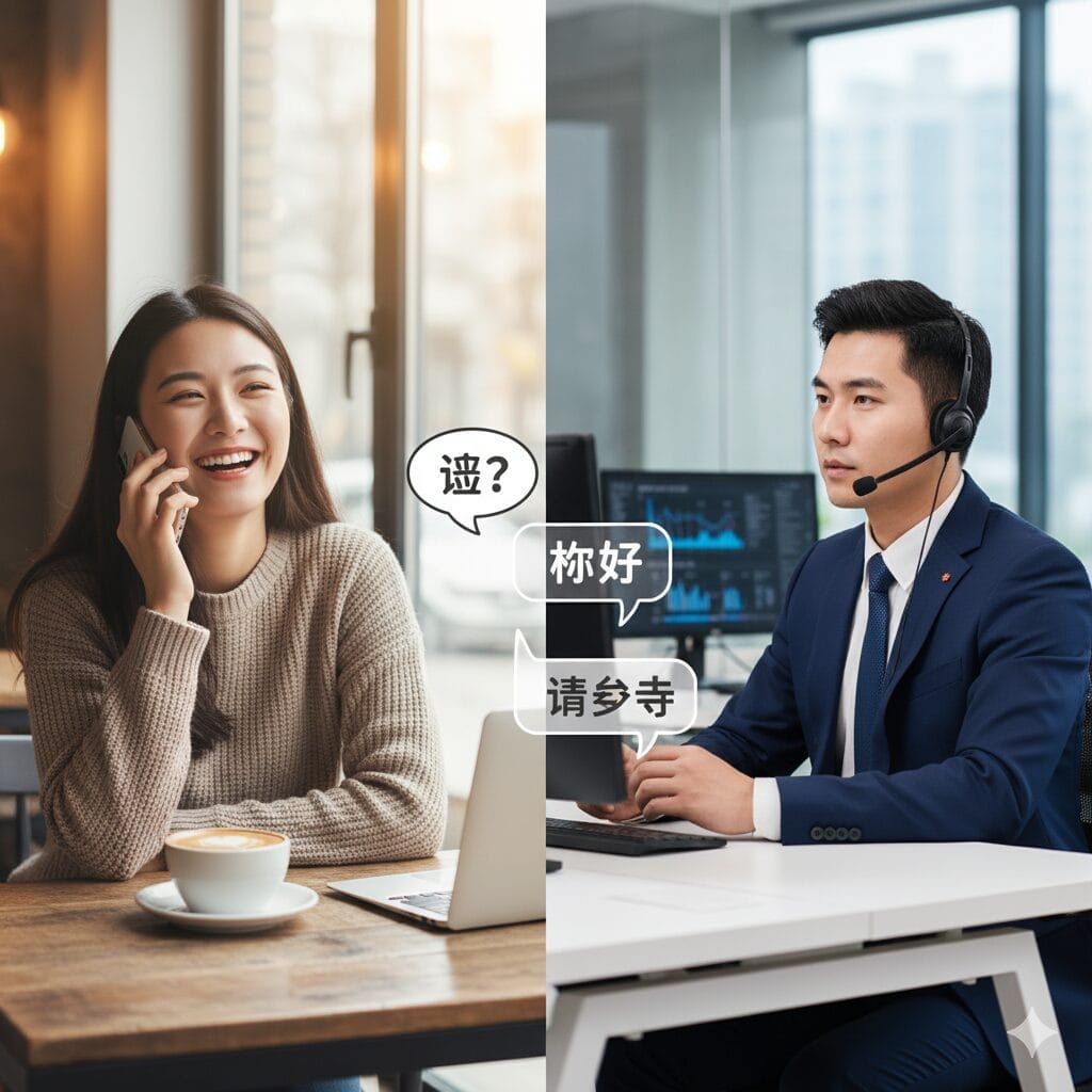 電話で話している女性と、デスクでヘッドセットをつけている男性が、中国語の吹き出しとともにコミュニケーションをとっている様子が映し出されている。.