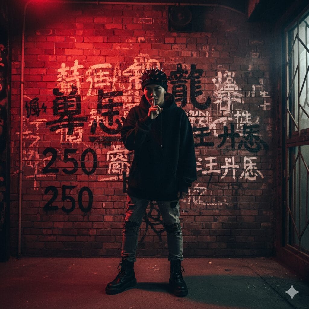 赤い照明に照らされた落書きだらけのレンガの壁の前に立つ黒っぽい服にブーツの人物。壁には漢字と「250」の文字が描かれている。.