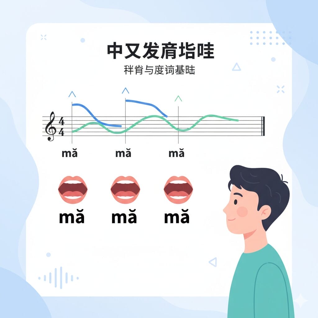 Mā"、"má"、"mǎ "の3つの中国語のピンインの発音を、トーンマーク、ピッチの輪郭、口のイラストとともに、右側の人が観察した図。.