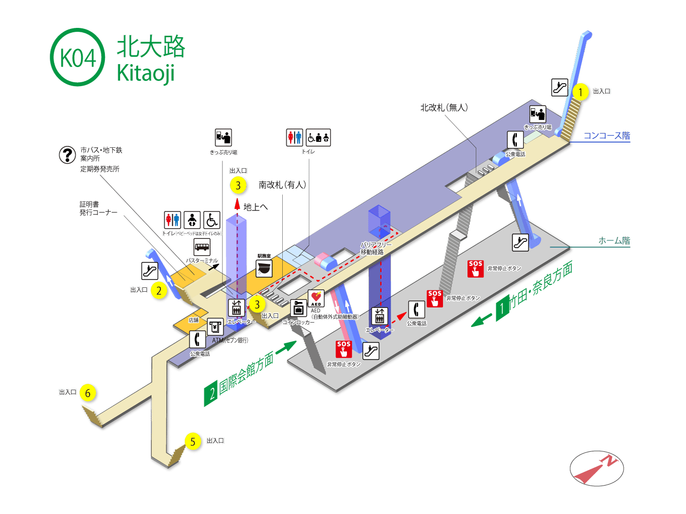 北大路駅(K04)の3Dマップ。出入り口、階段、エスカレーター、エレベーター、トイレや改札などの主要施設を表示。ラベルは日本語、一部英語。.